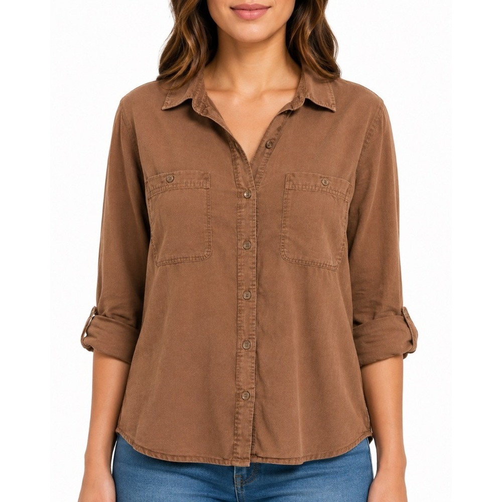 Sanctuary Womens Brown Lyocell Button Down Shirt Blouse Two Pockets Size M